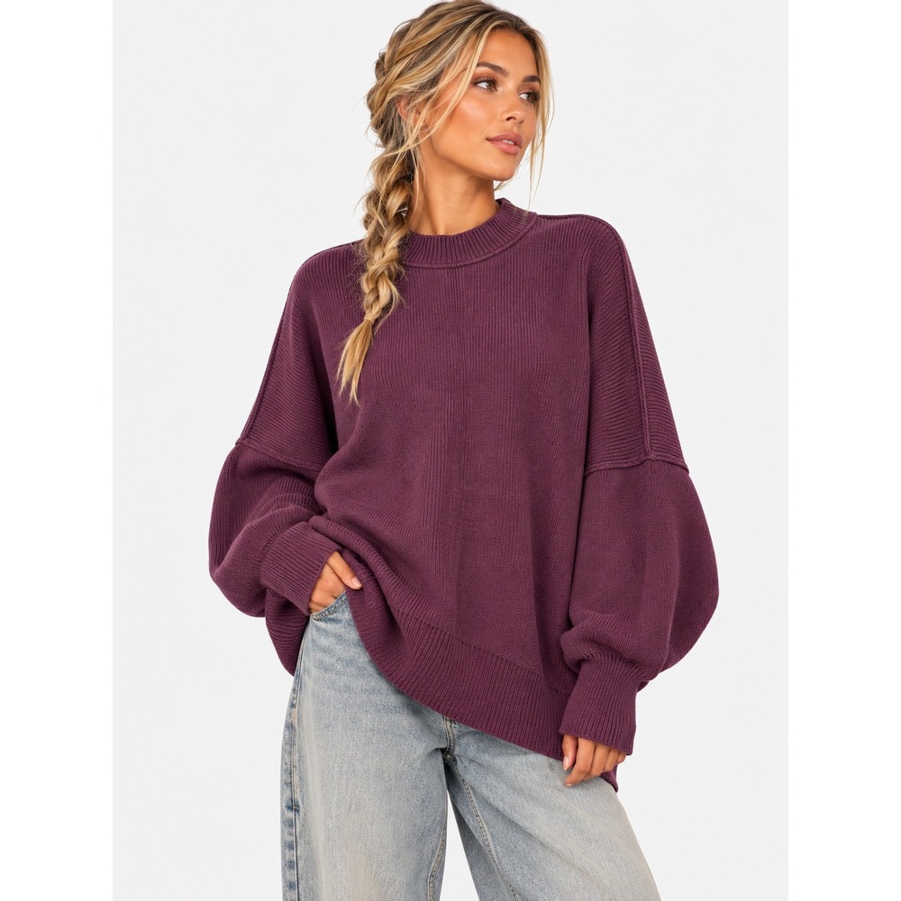 Free People Easy Street Tunic Sweater Plum Purple Ribbed Oversized Mock Neck M